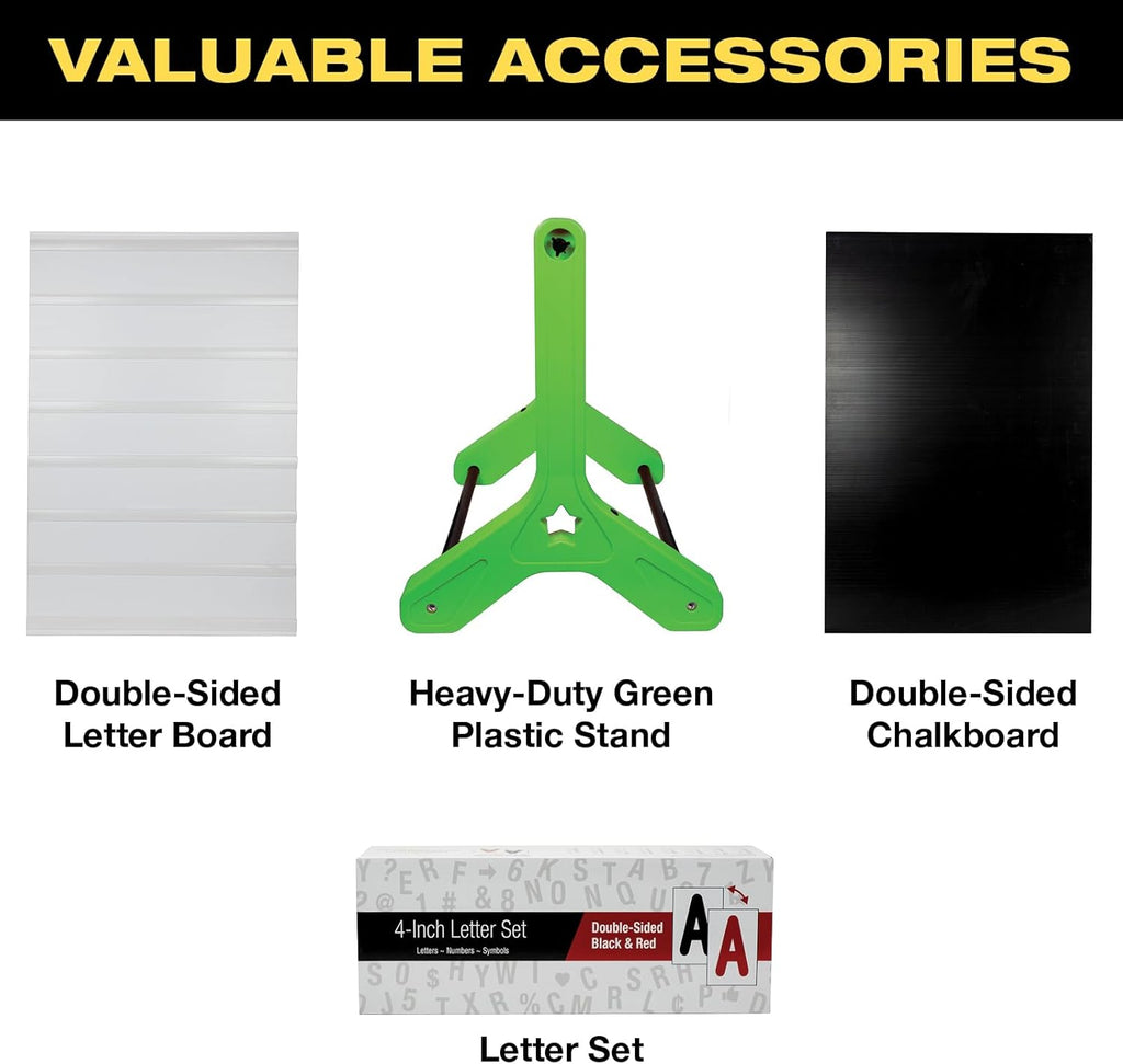 Swinging Changeable Message Sidewalk Sign: 24" x 36" Sign with 792 Pre-Cut Double Sided Letters and Storage Box. Includes Black Board & Letter Board (Green Color Legs)