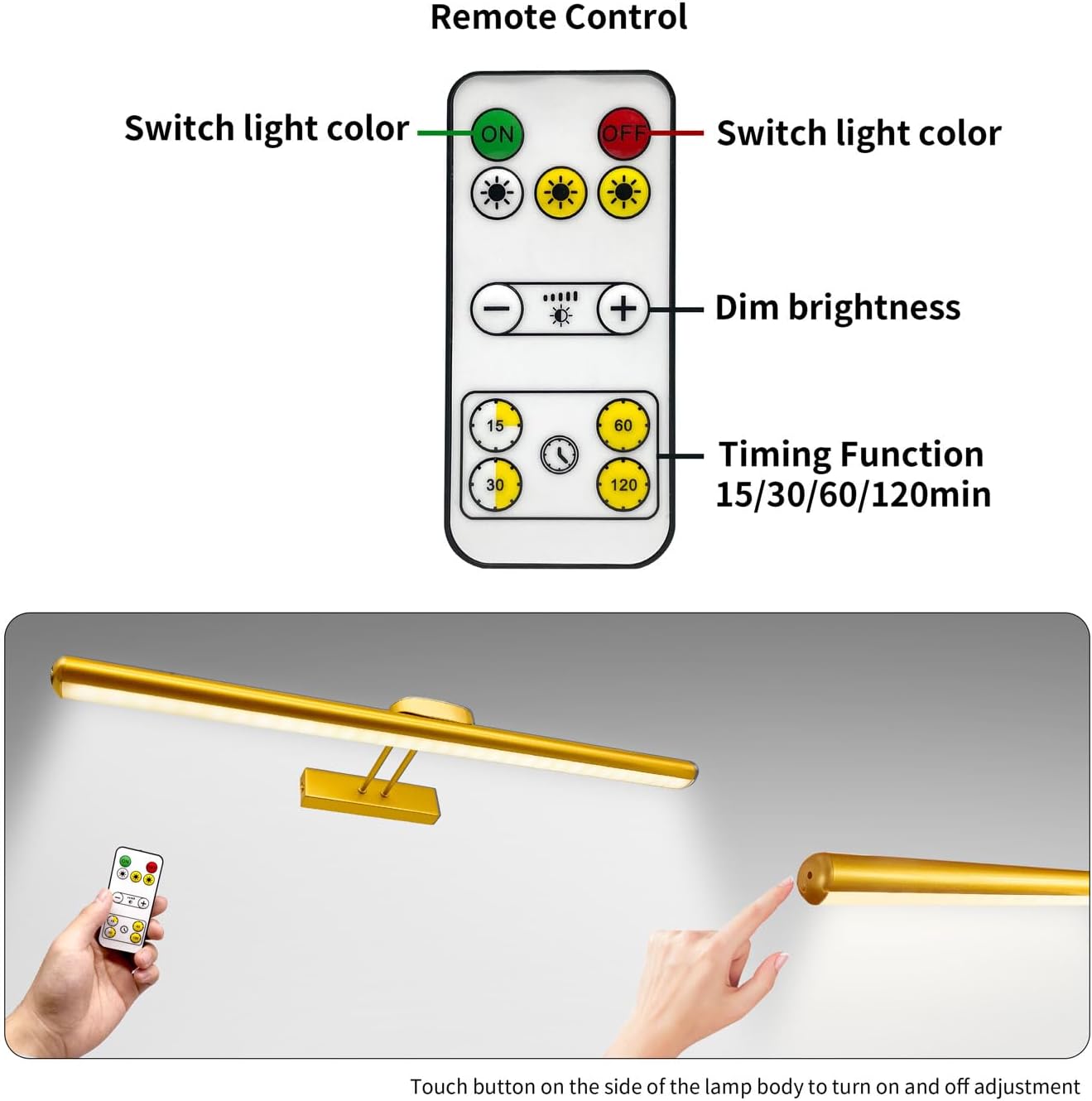 24.4" Wireless Picture Lights, Rechargeable Battery Art Display Light with Remote Control, Dimmable/Timer Off Dartboard Light, 3 Lighting Modes Full Metal Painting Display Lights (Gold-2Pack)
