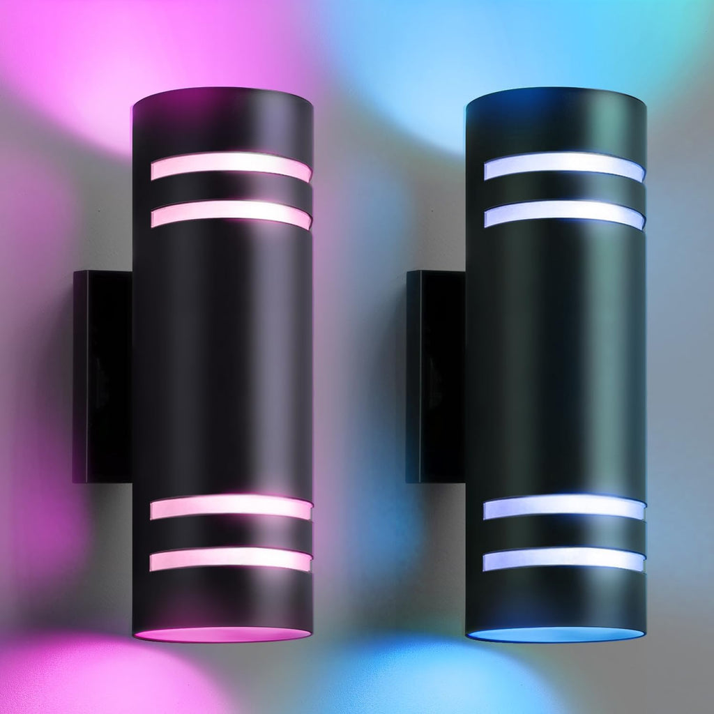 SHIMR Modern RGBCW Outdoor Wall Lights 2 Pack, Color Changing Outdoor Sconce Lights with APP Control, Black Cylinder Exterior Lighting Fixtures Aluminum Up Down Outside Lights for House [ETL Listed]