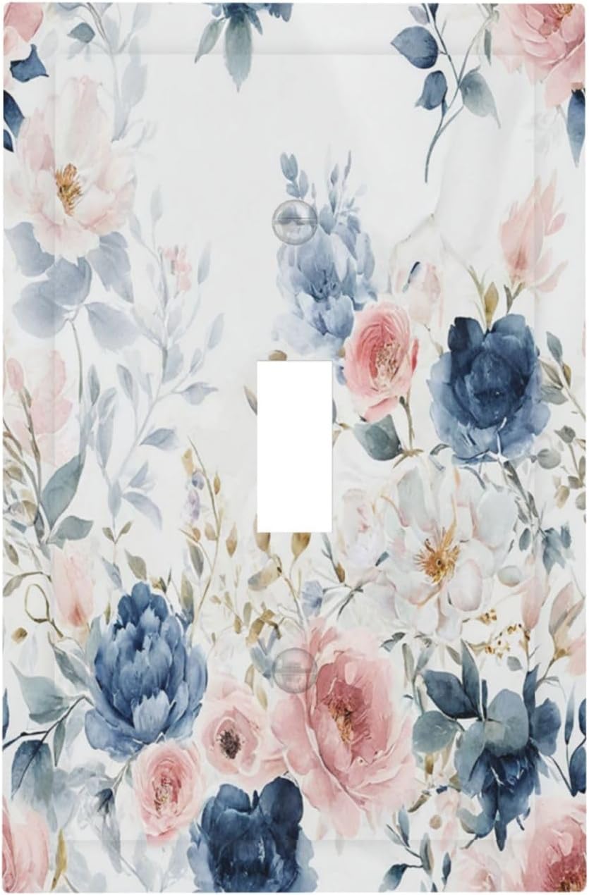 Elegant Watercolor Pink Blue Flowers Floral Single Toggle Light Switch Cover plate Outlet Cover Decorative Switchplate Wall Plates Electrical Panel Cover for Bathroom Living Room 5 X 3 IN