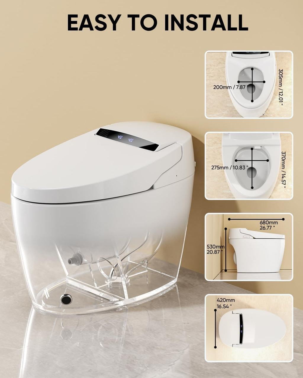 Smart Toilet with Warm Water Sprayer and Dryer, One Piece Bidet Toilet with Auto Dual Flush,Foot Sensor Operation,Heated Seat Smart with Built In Fahrenheit LED Display