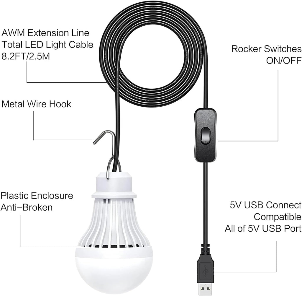 4 Pack USB Light Bulb, USB LED Camping Light Lantern, 8.2 ft Extra Length Cord Tent Light with USB Y-Cable, Portable LED Bulb for Garage Warehouse Car Truck Fishing Boat Room Emergency Light, Warm