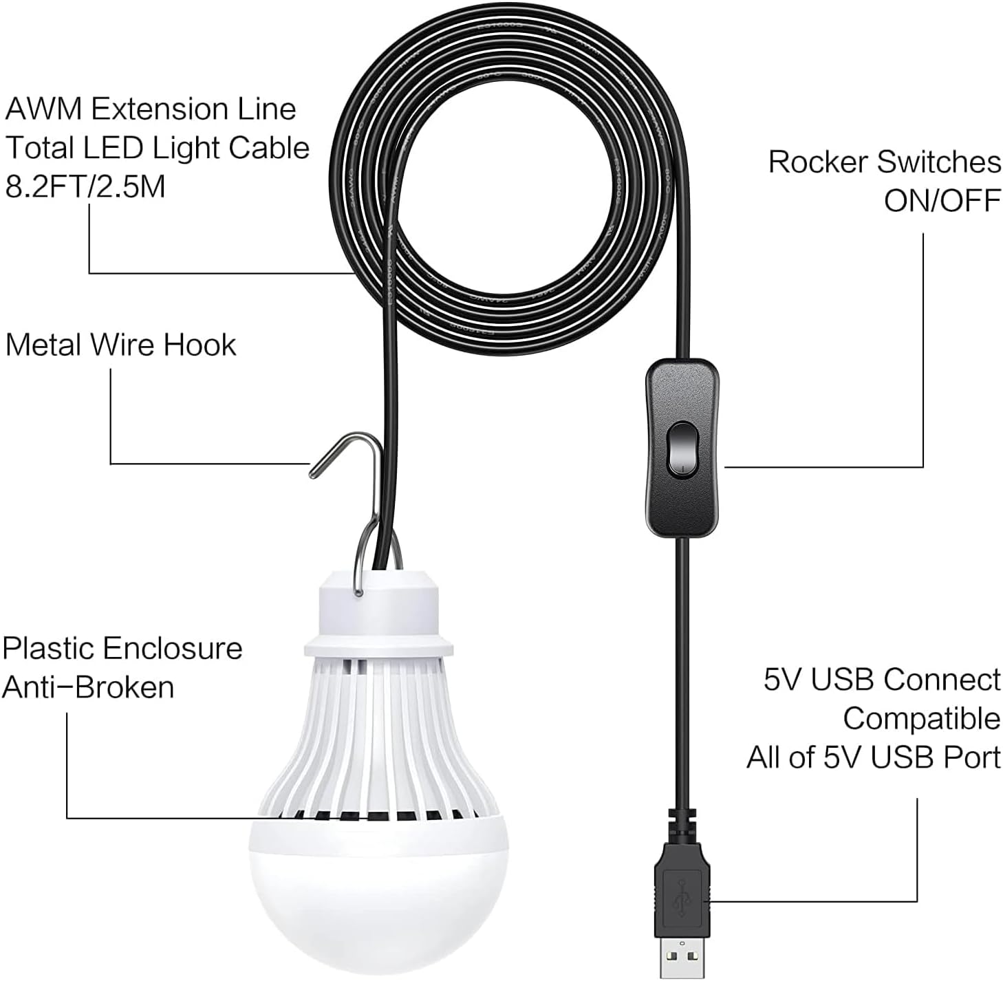 4 Pack USB Light Bulb, USB LED Camping Light Lantern, 8.2 ft Extra Length Cord Tent Light with USB Y-Cable, Portable LED Bulb for Garage Warehouse Car Truck Fishing Boat Room Emergency Light, Warm