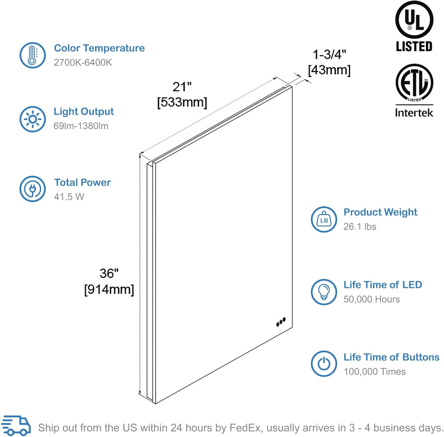 Blossom 21x36 LED Mirror for Bathroom | Backlit LED Vanity Mirror with Anti-Fog, Stepless Dimmable, 3 Color Temperature | Lighted Mirrors for Bathroom Wall | Smart Vanity Makeup Mirror with Lights