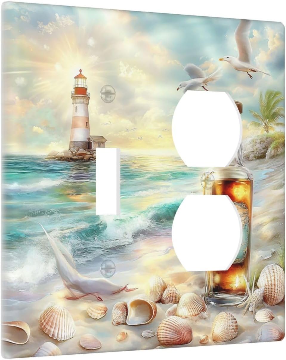 Wallplates Beach Ocean Lighthouse Seashells 1 Toggle 1 Duplex Switch Plate Electrical Gfci Faceplate Decorative Light Switch Covers For Bed Room Living Room Decor