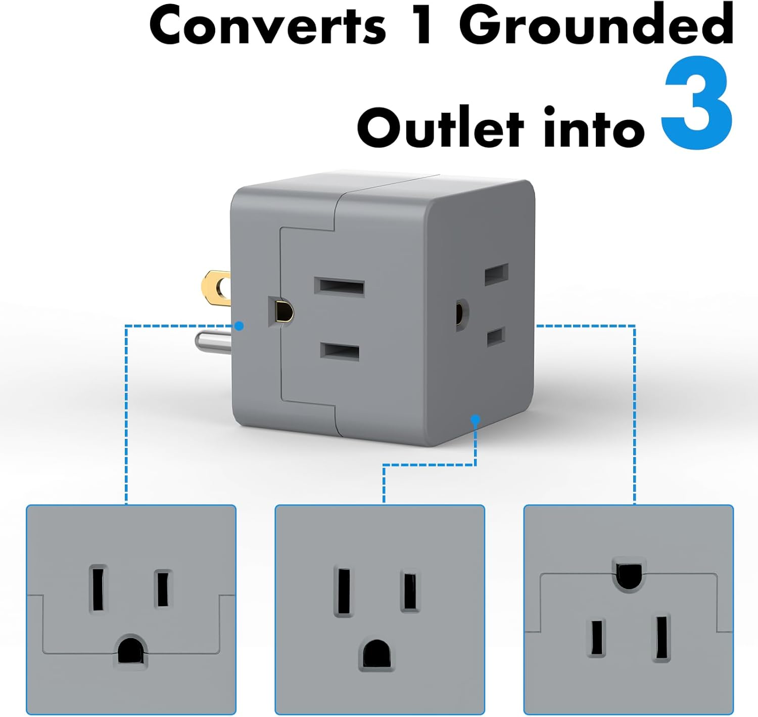 POWERCORDS 3 Power Blocks Outlet Splitter, 3 Pack, Grounded Wall Tap, 3-Prong Plug Adapter AC Multi Plug Wall Outlet, Power Splitter, Cruise Essentials, for Home Office School Dorm, UL Listed,Grey