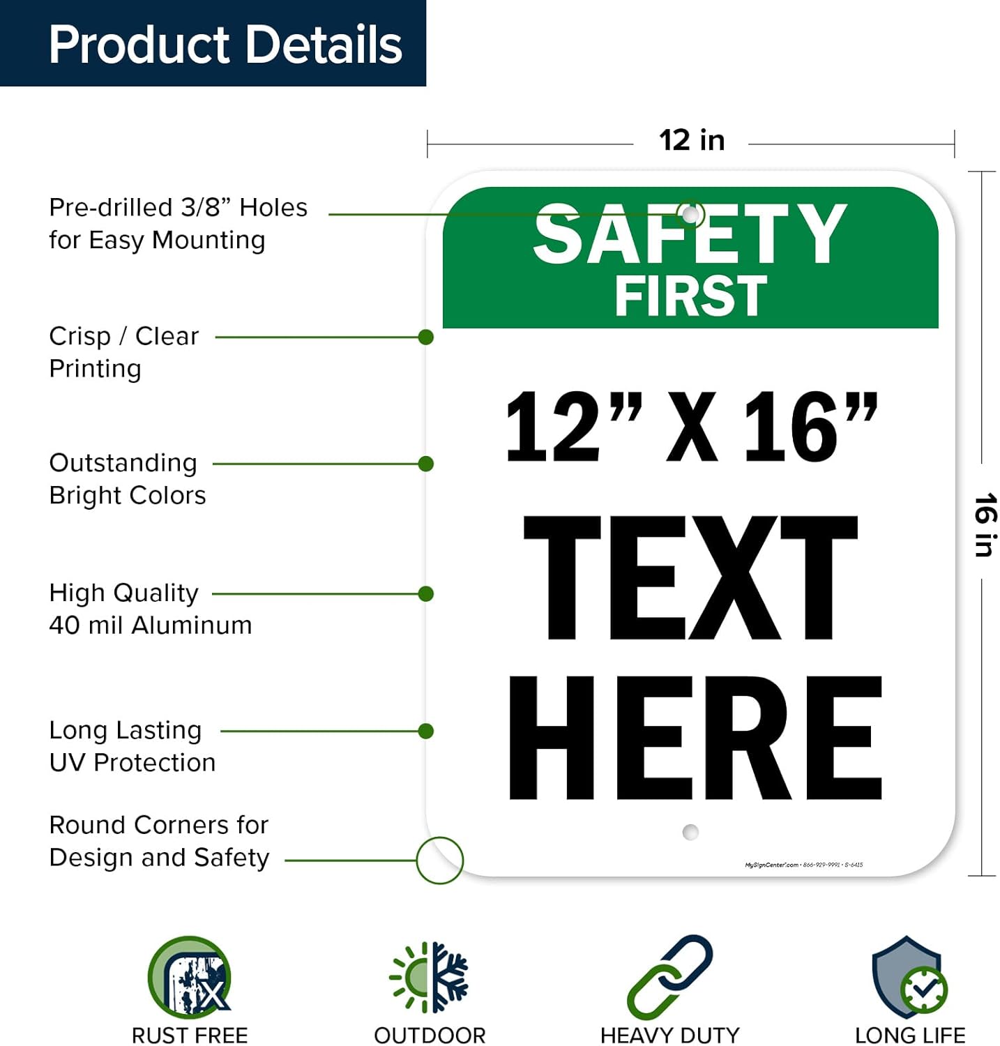 Custom Safety First Sign, OSHA Sign, 12x16 Inches, Post Holes, Rust Free .040 Aluminum, Fade Resistant, Indoor/Outdoor Use, Made in USA by My Sign Center