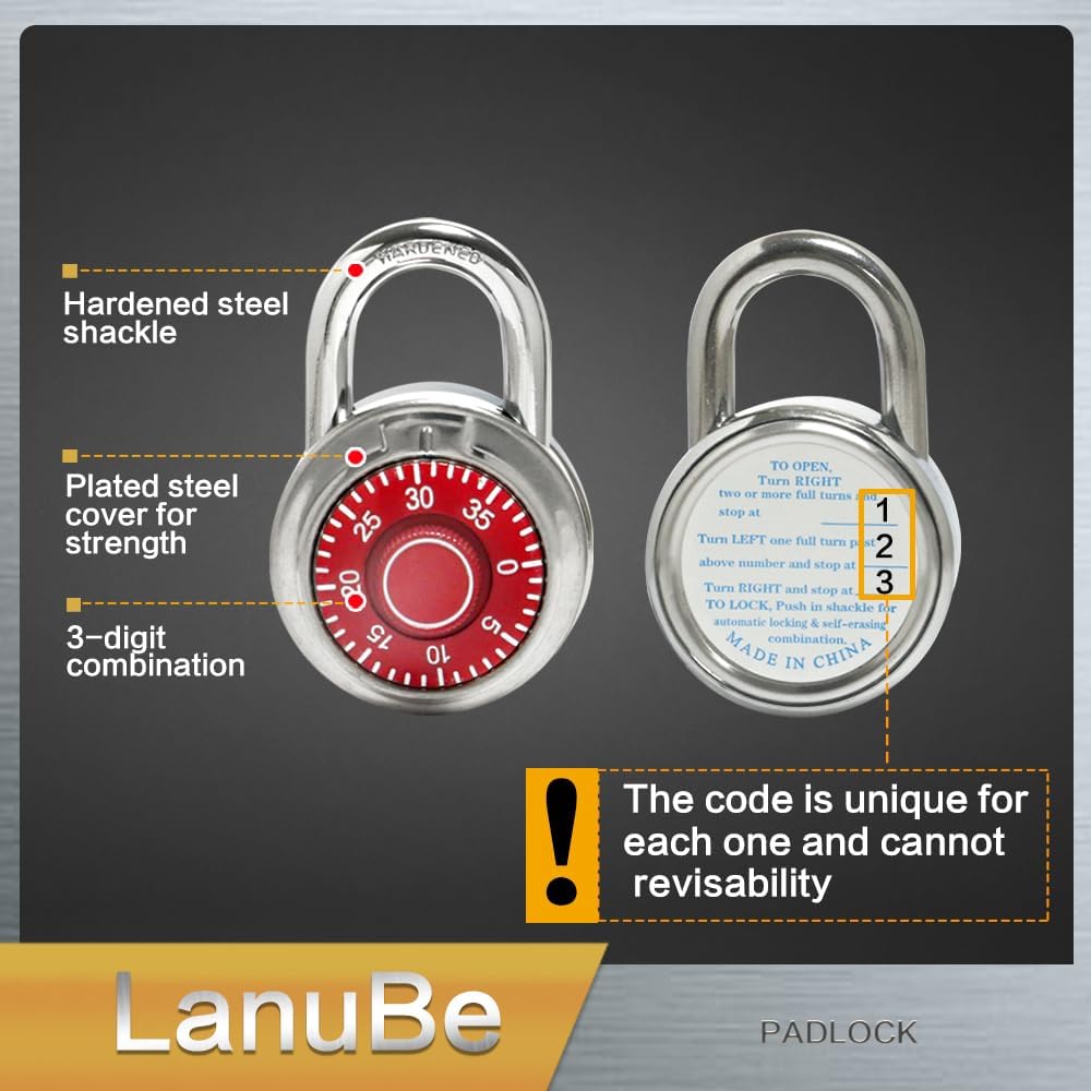 LanuBe Standard Dial Combination Lock, 2 in. Wide, with Different Combinations, Red Turnplate, Pack of 24; Lock for School, Employee, Gym Sports Locker, Case, Toolbox and so on
