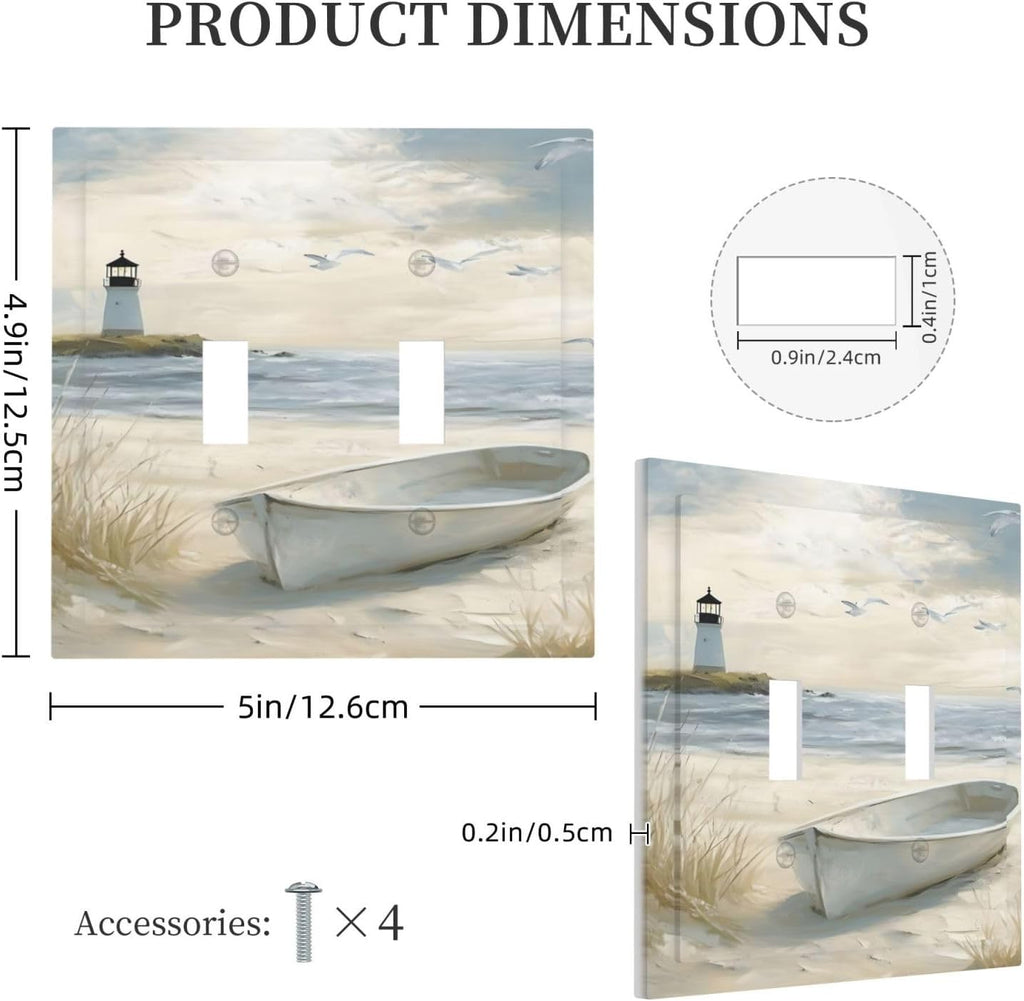Decorative Light Switch Plate Covers Seascape Painting with Lighthouse Boats 2 Gang Wall Plate Unique Double Toggle Double Light Switch Covers for Bedroom Home Decor （2 Pack）
