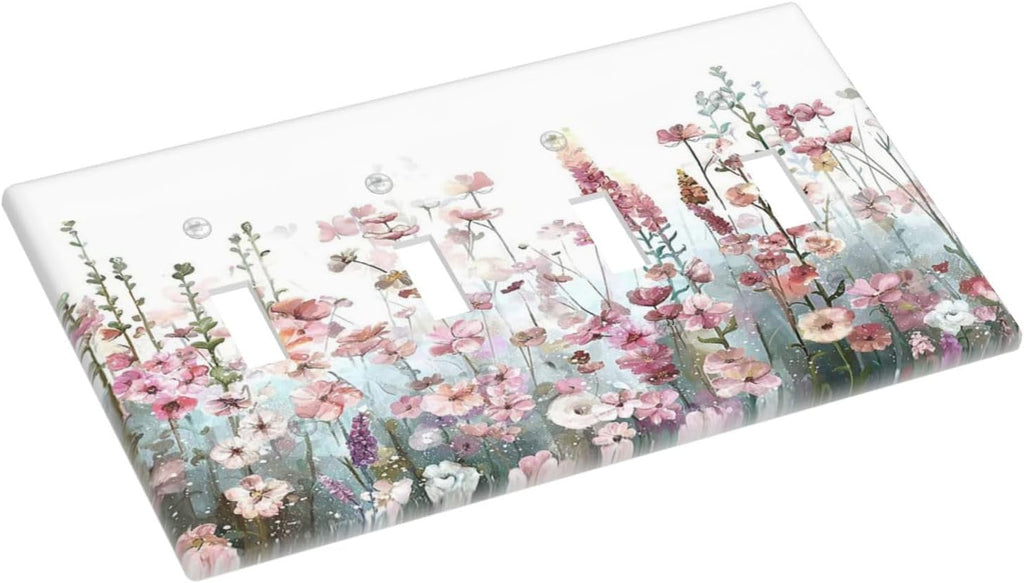 Colorful Flowers Pink Floral Watercolor Plant Light Switch Covers Quad Toggle Electrical Faceplate 4 Gang Wall Plate Decorative Switch Plates for Bed Room Living Room Decor