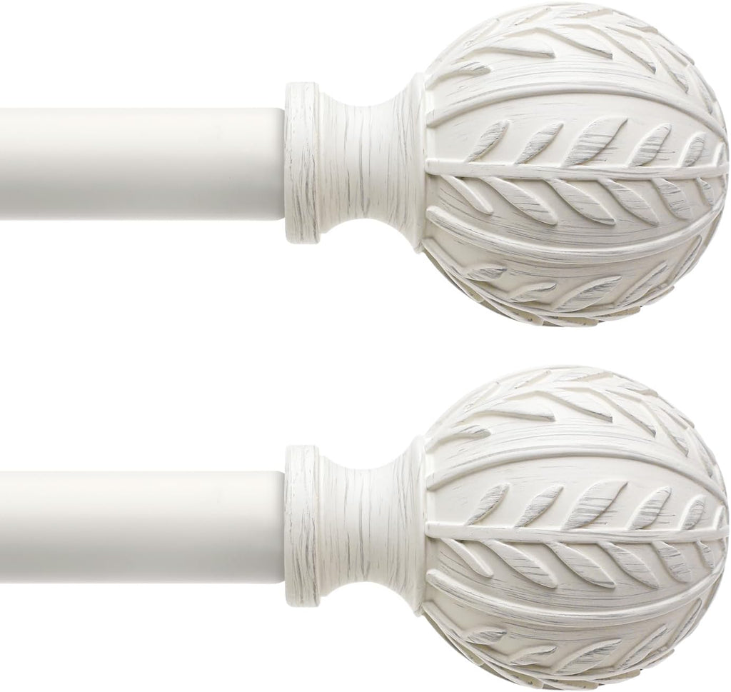 2 Pack Antique White Curtain Rods for Windows 48 to 84 inch,1" Adjustable Heavy Duty Window Curtain Rod with Leaf Finials,Rustic Decorative Drapery Rods Set,Size:36-88''