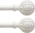 2 Pack Antique White Curtain Rods for Windows 48 to 84 inch,1" Adjustable Heavy Duty Window Curtain Rod with Leaf Finials,Rustic Decorative Drapery Rods Set,Size:36-88''