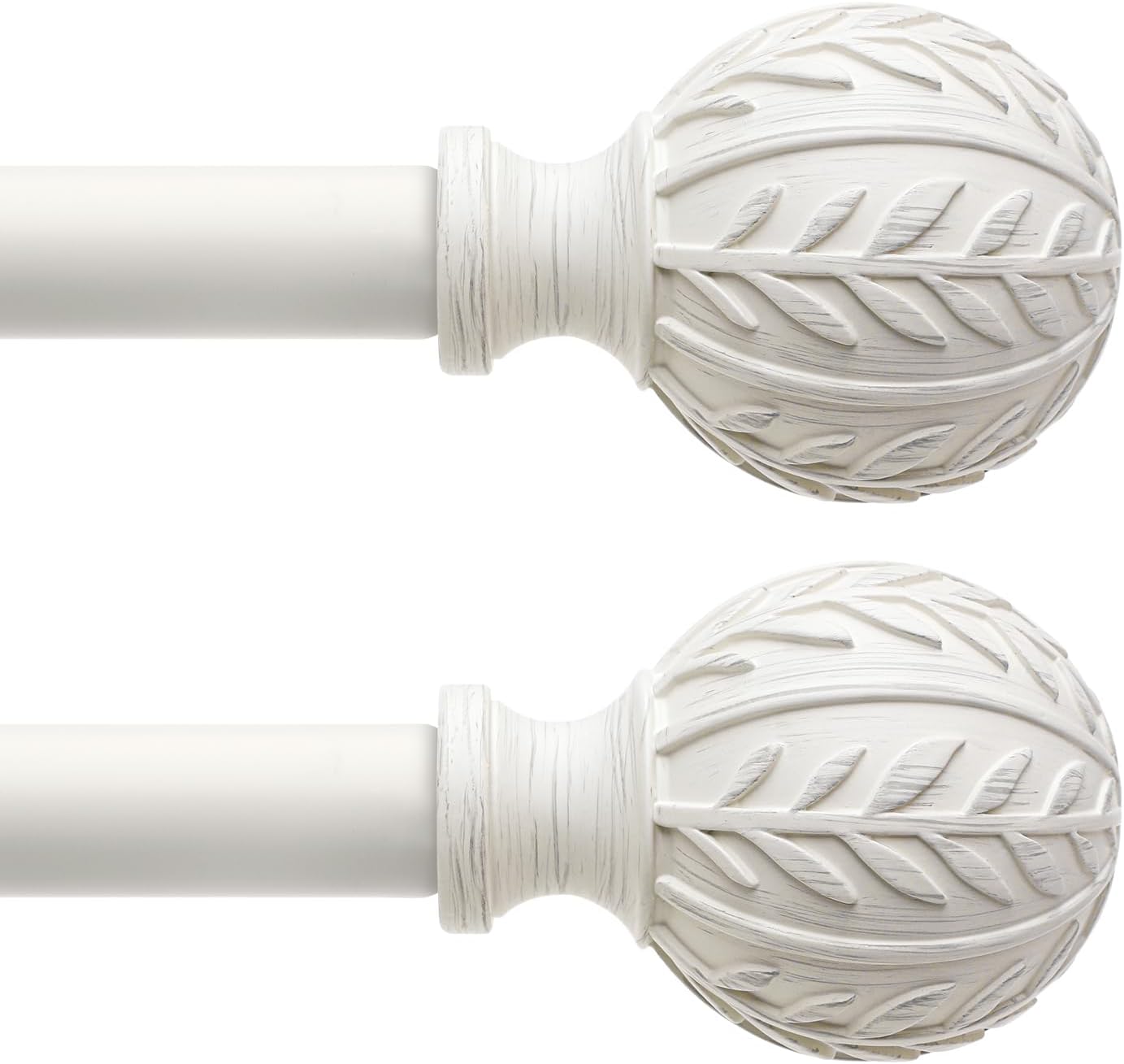 2 Pack Antique White Curtain Rods for Windows 48 to 84 inch,1" Adjustable Heavy Duty Window Curtain Rod with Leaf Finials,Rustic Decorative Drapery Rods Set,Size:36-88''