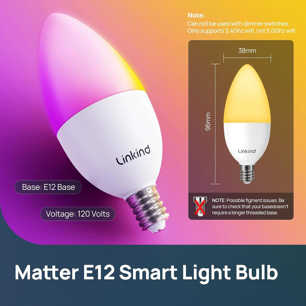 Linkind Matter Smart Bulbs, E12 Led Bulb Works with Alexa/Apple Home/Google Home, Smart Light Bulbs, WiFi Candelabra B11 Bulbs, RGBTW Color Changing Light Bulb, 2.4Ghz WiFi Bulb, 470 LM 6Pack