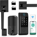 WiFi Front Door Lock Sets with Handle, Fingerprint Keyless Entry and Smart Keypad with Lever Handles, Electronic Screen+WiFi Gateway, APP Control, Auto-Lock, Voice Control