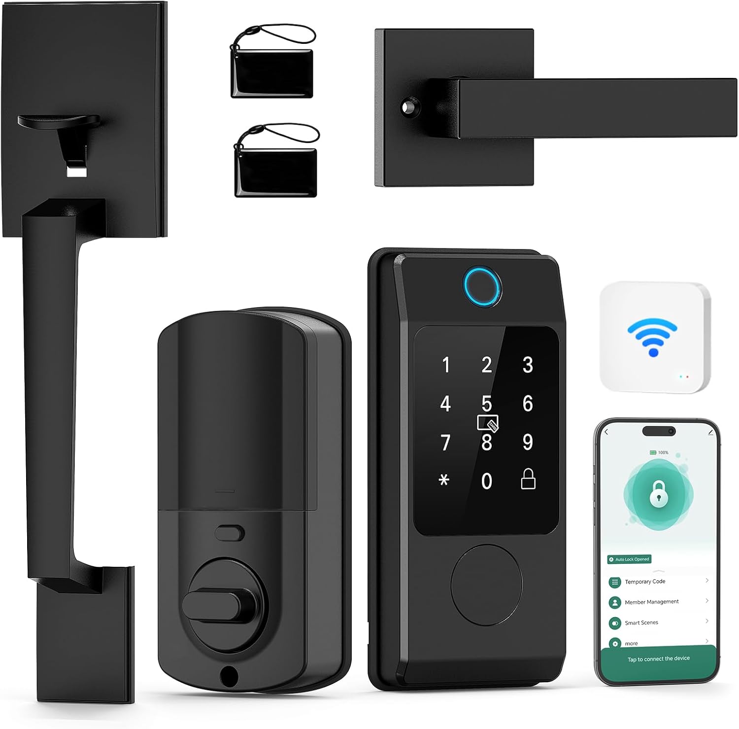 WiFi Front Door Lock Sets with Handle, Fingerprint Keyless Entry and Smart Keypad with Lever Handles, Electronic Screen+WiFi Gateway, APP Control, Auto-Lock, Voice Control