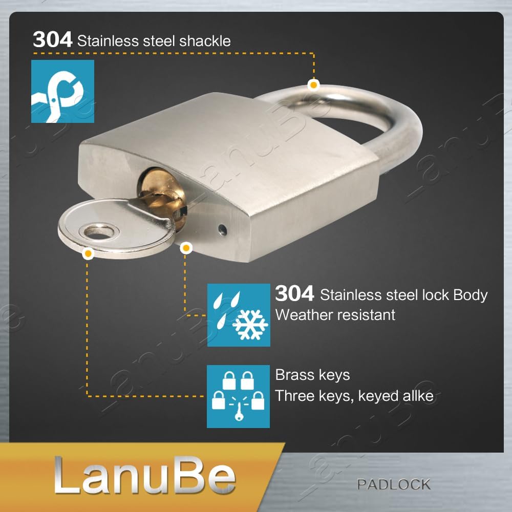LanuBe 304 Stainless Steel Keyed Alike Padlocks for Outdoor use, Pin Tumbler Padlock, 2 inch Wide Body, Stainless Steel Body Normal Shackle, Pack of 2