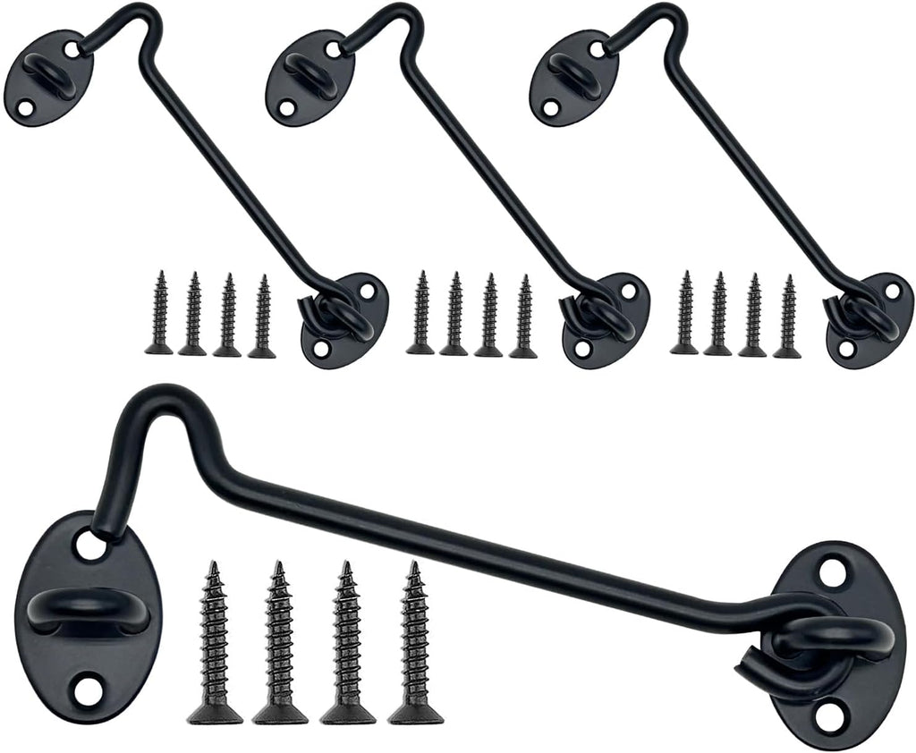 4-Pack 6Inch Door Lock Gate Latch Premium Stainless Steel Hook and Eye Gate Latch Cabin Hook with 16pcs Screws, Black