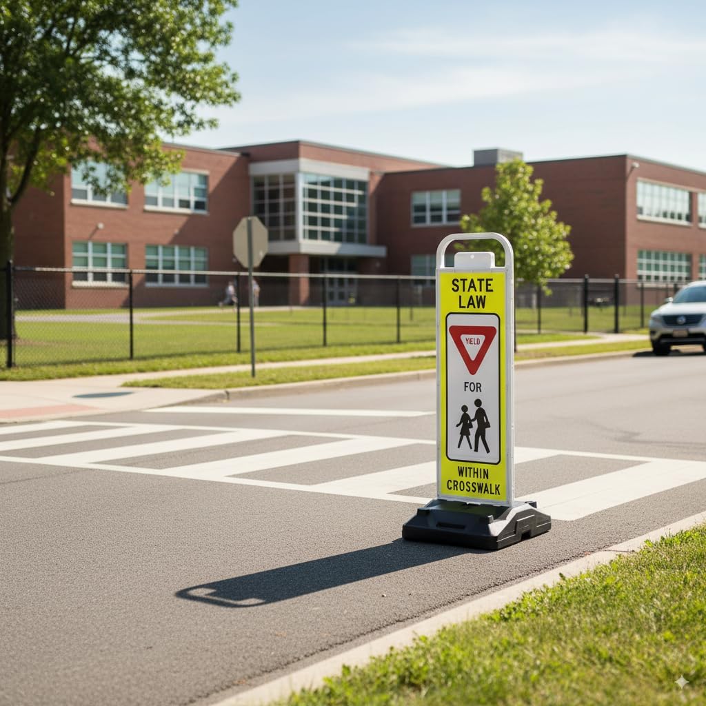 YIELD TO PEDESTRIANS, MUTCD COMPLIANT. Crossing Sign for School Zone/Crosswalks - U-Frame & 37lb U-Base (Sign and base ship separately) (Fluorescent Yellow-Green, YIELD TO PEDESTRIANS)