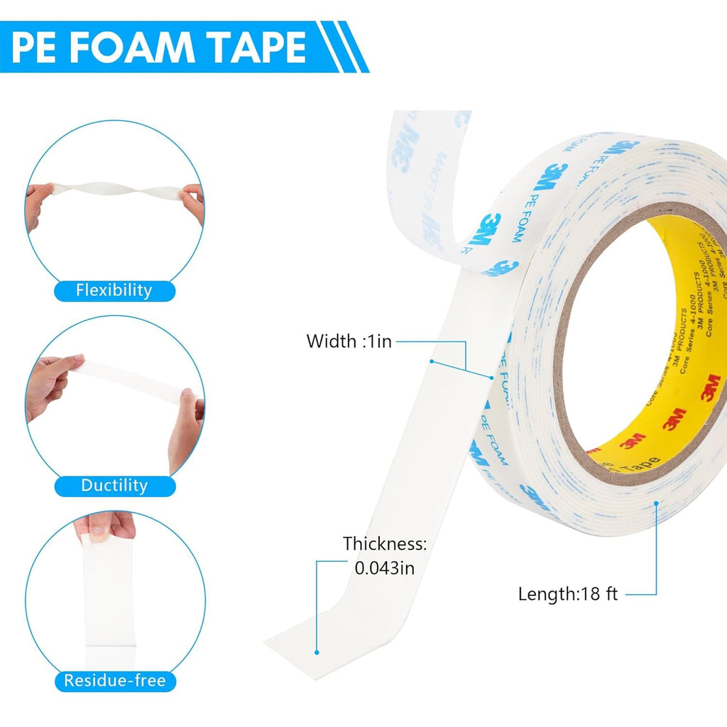 3M 1600T Double Sided Tape, PE Foam Tape 1" x 18 Ft White Removable Strong Adhesive No Residue for RV Picture Hanging, Posters Frames Wall Decor Indoor & Outdoor Use