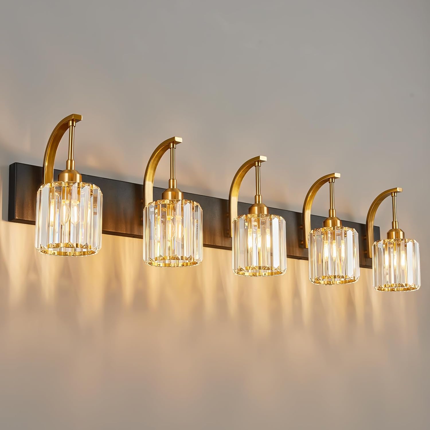 5-Light Crystal Vanity Light, Modern Black Gold Bathroom Wall Sconce with K9 Crystal Shades, 42.51" Long Over Mirror Lighting for Vanity, Makeup, Hallway, Elegant & Easy Installation