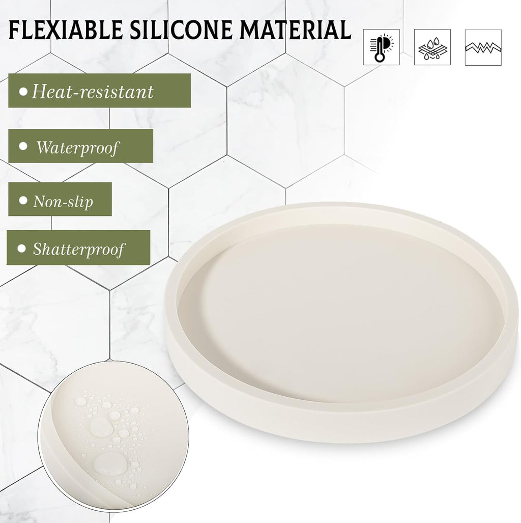 Silicone Bathroom Tray Round Vanity Tray Decorative Soap Holder Kitchen Countertop Organizer Coffee Table Decor for Candle, Perfume, Plant, 12 Inch, Beige