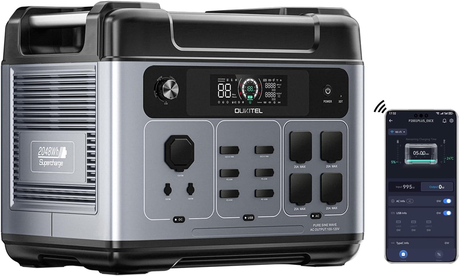 OUKITEL P2001 Plus 2400W Solar Generator(2025 NEW), 2048Wh Solar power station with 4 AC Outlets (5000W Peak), 1.5H Full Charging, APP Control Battery Backup for Home, Camping & RVs