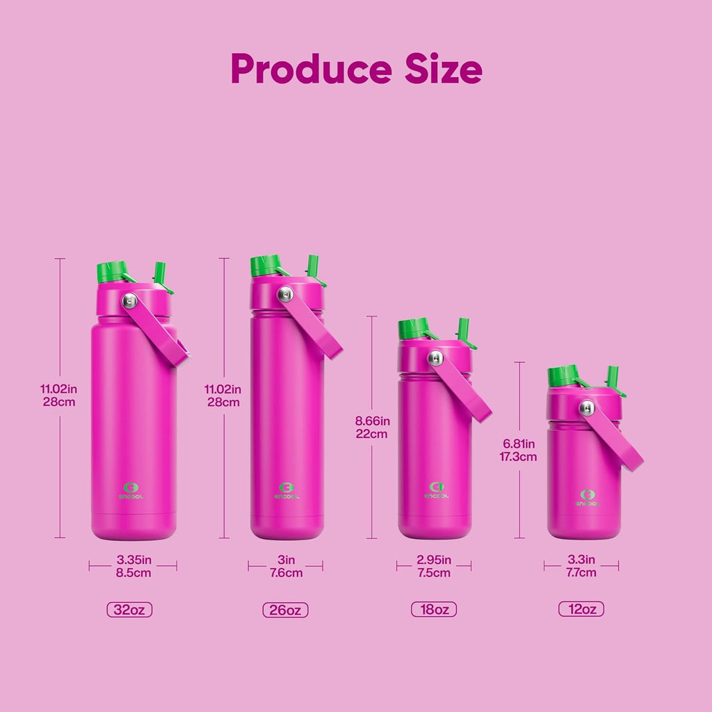 ENCOOL Insulated Water Bottle with Straw Stainless Steel Water Bottle, Leak-Proof, BPA-Free, Double Wall Vacuum Keeps Cold for 24 Hours for Sports, Travel, School (18 oz, Knockout Pink)