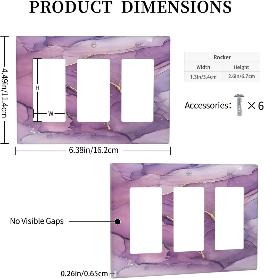 Light Switch Covers Purple Marbling Golden Line 3 Gang Rocker Electrical GFCI Decorative Triple Outlet Wall Plate Cover Switchplate for living Room Bathroom Decor