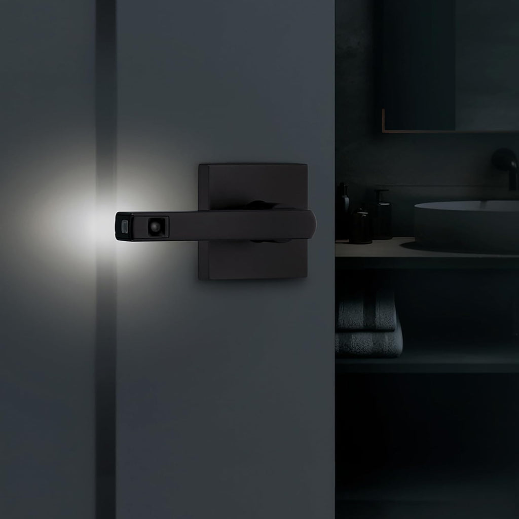 Kwikset Halifax LED Motion Activated Light Up Privacy Door Lever for Bathroom and Bedroom, Matte Black, Reversible Keyless Push Button Lock Door Lever, with Microban Protection