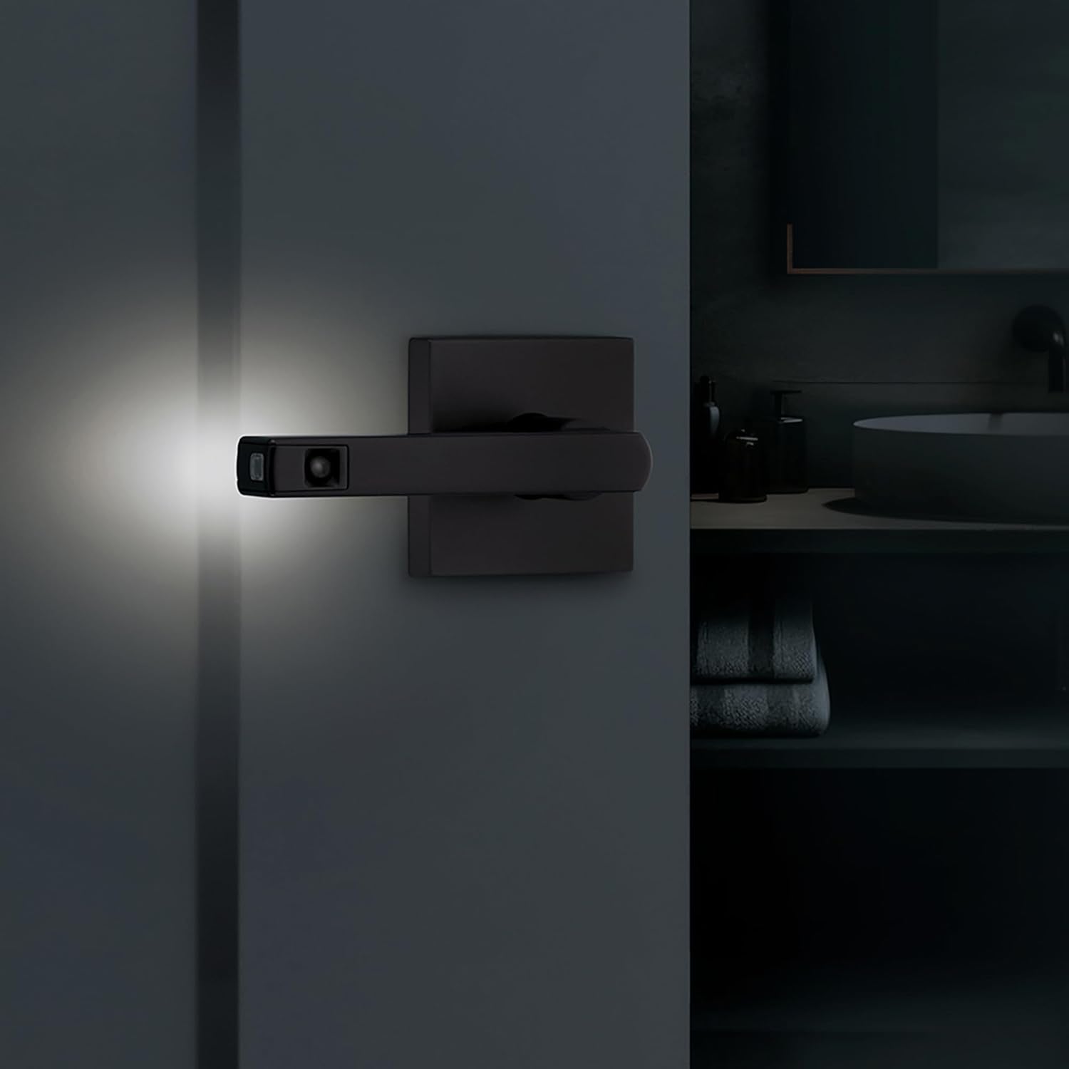 Kwikset Halifax LED Motion Activated Light Up Privacy Door Lever for Bathroom and Bedroom, Matte Black, Reversible Keyless Push Button Lock Door Lever, with Microban Protection