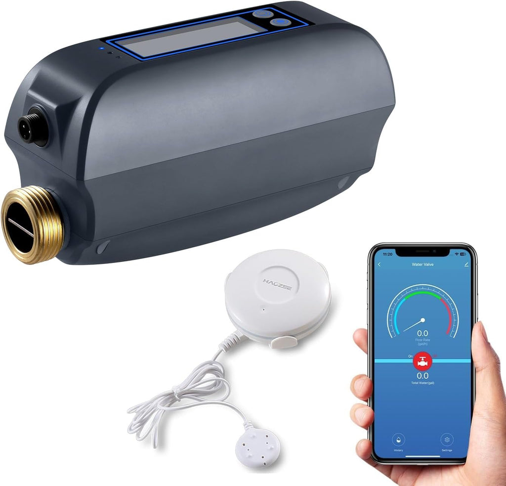 Haozee WiFi Smart Water Valve and Auto Shut-Off, Automation Scene Works with Leak Detector, Water Flow Meter, Built-in Battery, for 3/4" Diameter DN20 Pipe