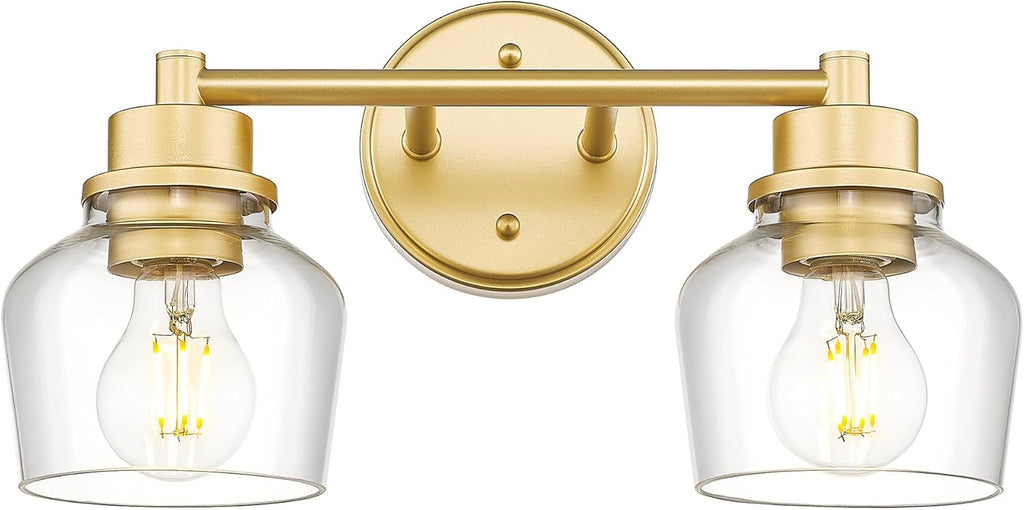 Emak Gold Bathroom Light Fixtures Over Mirror, 2-Light Bathroom Vanity Light with Clear Glass Shade, Modern Vanity Lights Wall Sconces for Bath, Makeup Desk, Mirror, VL122-GD-CG-2