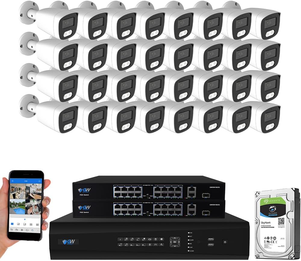 GW Security 32 Channel 12MP NVR 4K Security Camera System with 32 x 8MP PoE Spotlight Color Night Vision Outdoor/Indoor Microphone Bullet Cameras, Smart AI Human/Vehicle Detection
