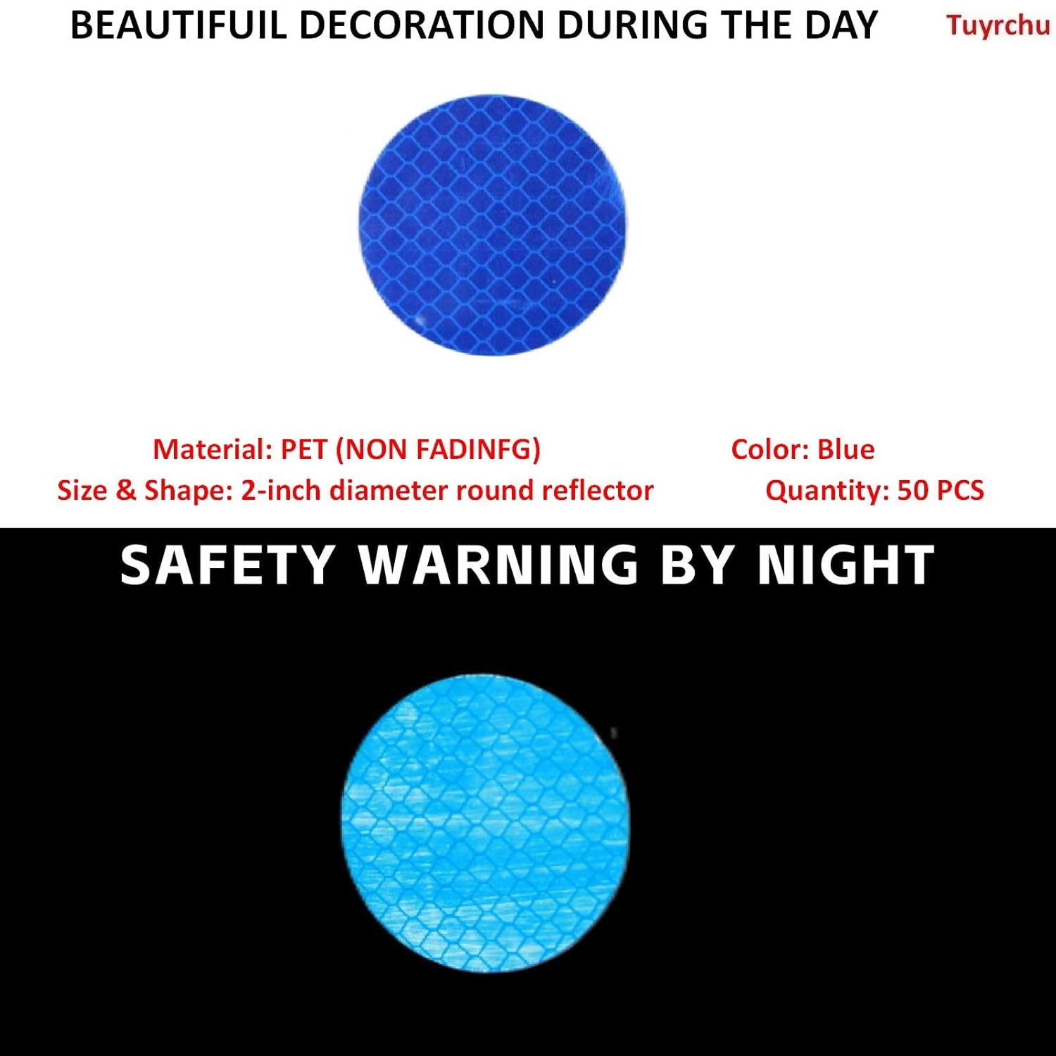 Non Fading Blue Reflective Stickers 2-inch Diameter Round Reflector, Outdoor Waterproof High Visibility Warning Adhesive Tape (50 Pcs)