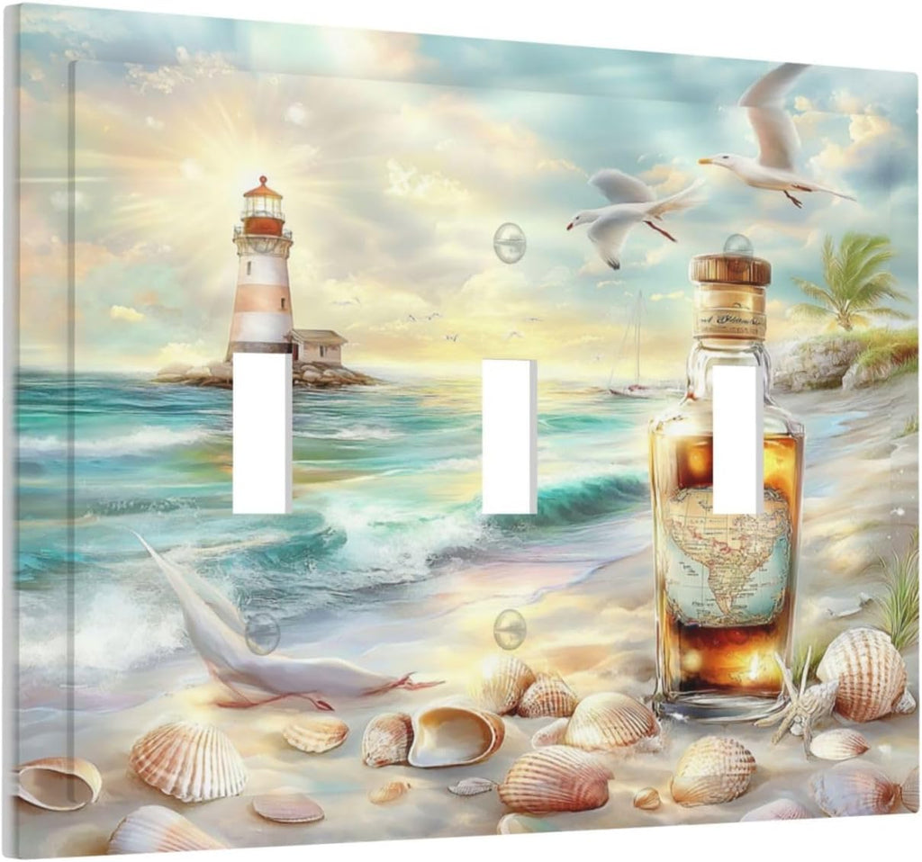 Decorative Switch Plates Beach Ocean Lighthouse Seashells 3 Gang Wall Plate Triple Toggle Light Switch Cover Faceplate Electrical Wall Panels For Bed Room Living Room Decor