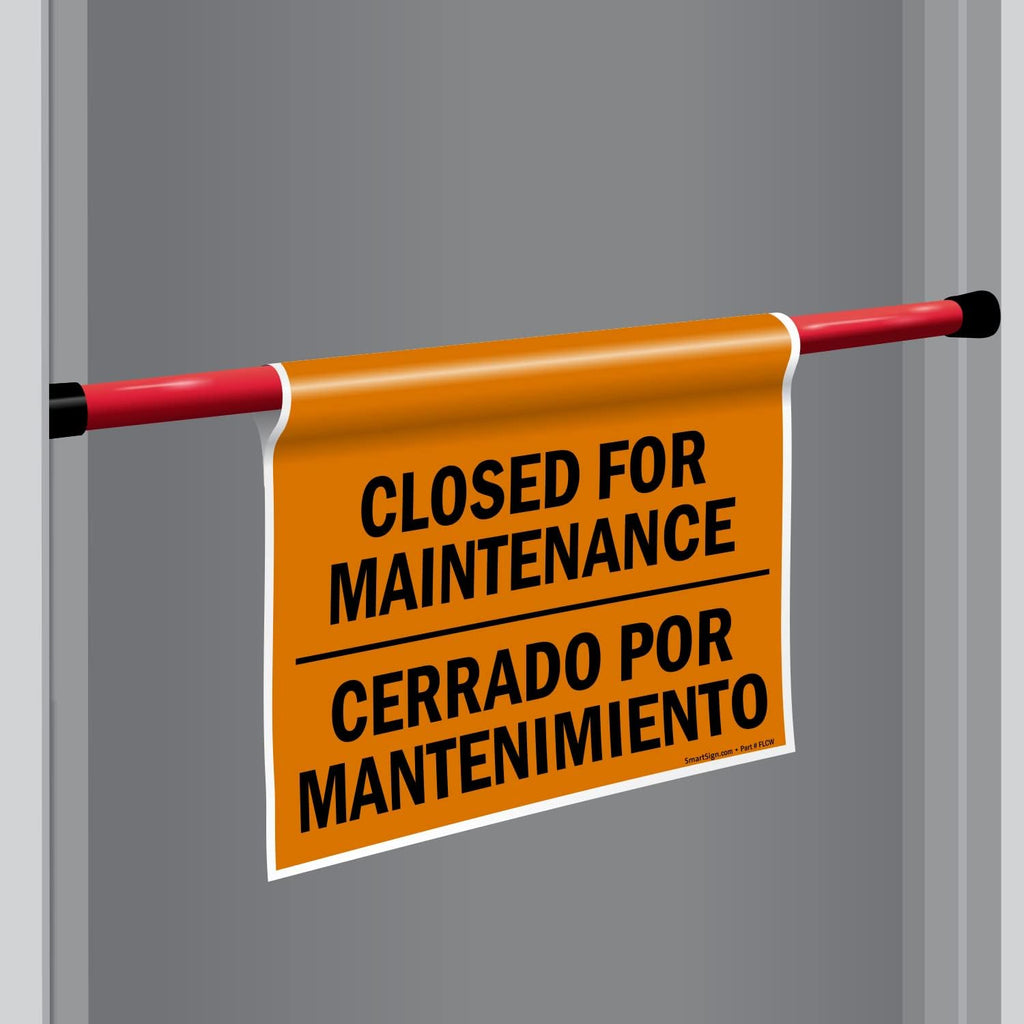 SmartSign "Closed For Maintenance" Bilingual Hanging Doorway Barricade Sign, Spring-loaded Adjustable Twist-To-Tighten Aluminum Pole & 11.25" x 18" Vinyl Sign Kit, Black/Orange, USA-Made