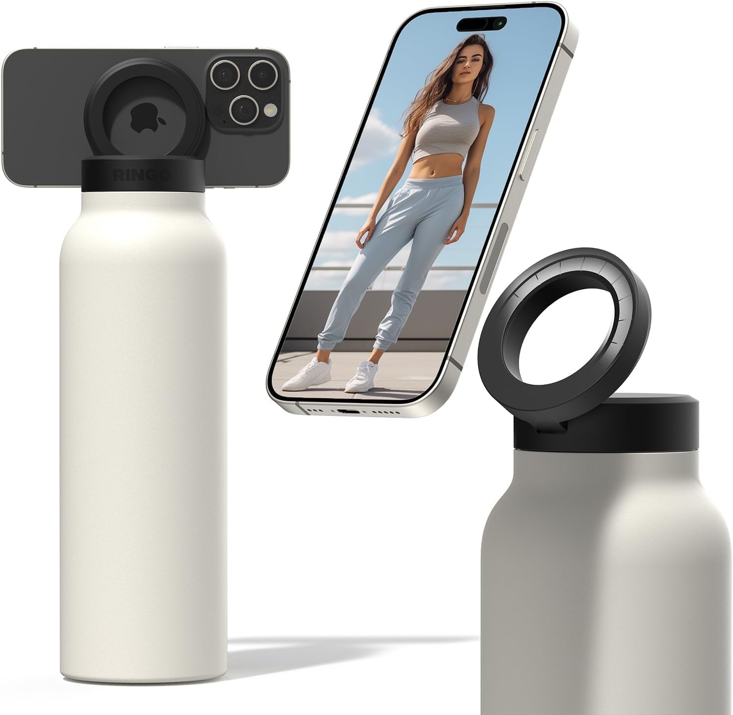 Ringo Insulated Water Bottle | Compatible MagSafe With Phone Holder | Stainless Steel Water Bottle With Magnetic Phone Tripod Mount | Hot for 12H, Cold for 24H, 360° Rotate - Ivory 24oz