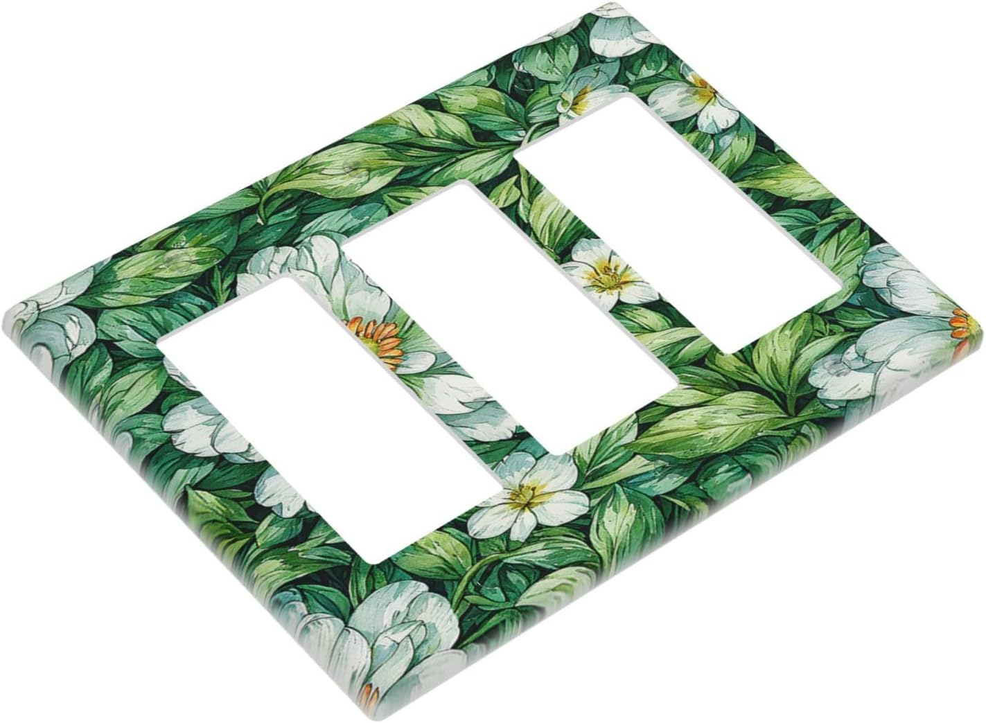 Vintage Floral White Flowers Green Plants Leaves Light Switch Covers 3 Gang Rocker Decorative Triple Outlet Wall Plate Cover Electrical GFCI Switchplate for Bedroom Bathroom Decor