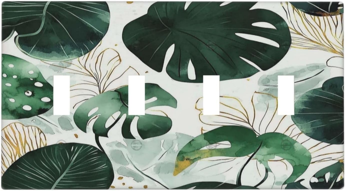 Boho Tropical Green Leaf Watercolor Banana Leaves Light Switch Covers Quad Toggle Electrical Faceplate 4 Gang Wall Plate Decorative Switch Plates For Bed Room Living Room Decor