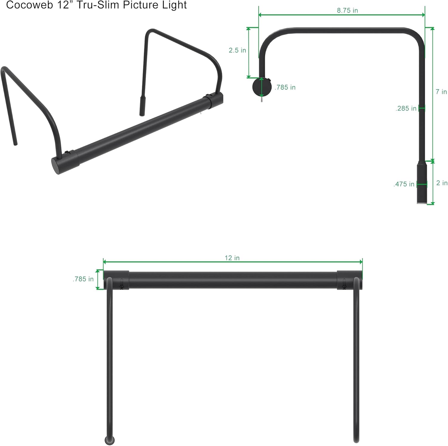 Cocoweb 12 Inch Tru-Slim Oil Rubbed Bronze Picture Light - LED, 2700K, Adjustable Arm, Plug-in, Toggle Switch, Sleek and Compact Design