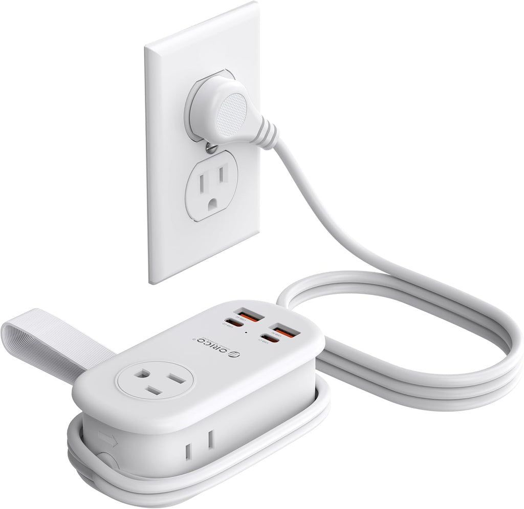 ORICO 65W GaN Travel Power Strip with 7-in-1 Charging Ports (3 AC Outlets/2 USB-A/2 USB-C), Flat Plug and 4FT Extension Cord, Fast Charger for MacBook Pro/Air, iPad Pro, iPhone 17/16/15- AP3