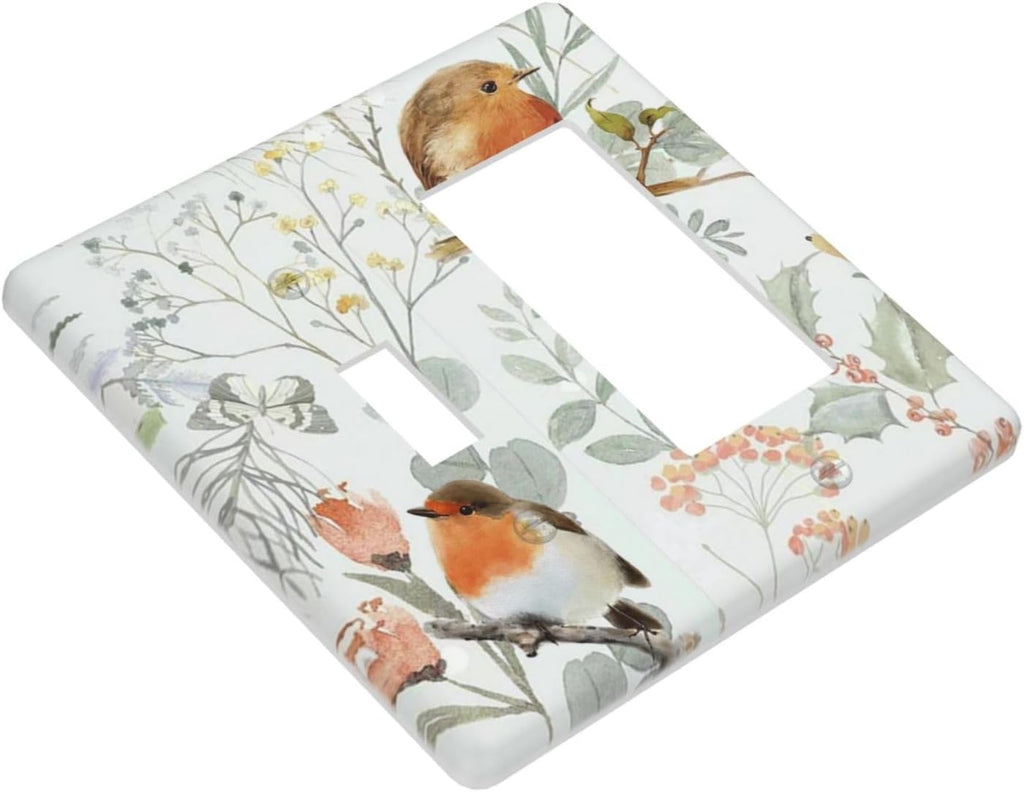 Outlet Covers Red Floral Berries Colorful Bird Plant 1 Toggle 1 Rocker Combination Decorative Wall Plate Electrical Switch Plates Light Switch Cover Plate For Bed Room Living Room Decor