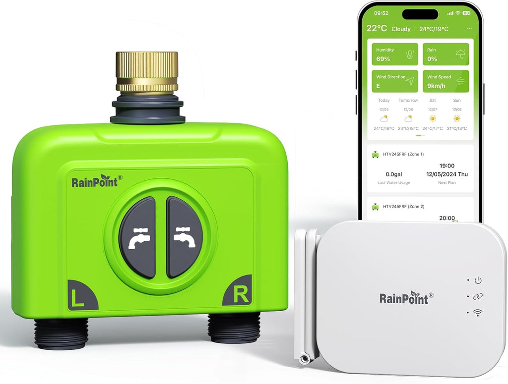 RAINPOINT WiFi Water Timer for Garden Hose, 2 Zone WiFi Sprinkler Controller, Smart Hose Timer Valve, Automatic Drip Irrigation System/Rain Delay for Garden (Brass Inlet, WiFi & Ethernet Connection)