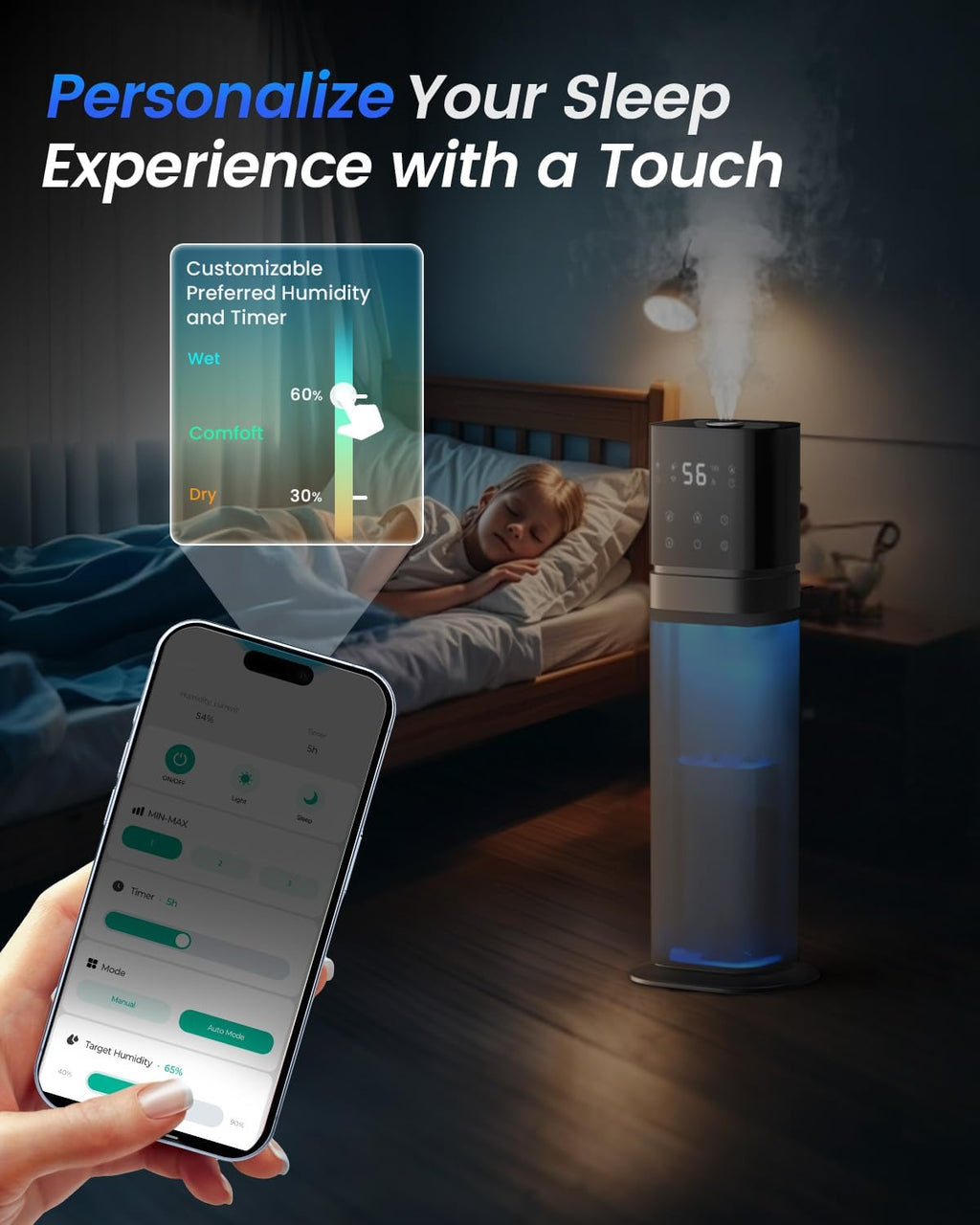 Smart Humidifier Large Room, 2.1Gal/8L Humidifiers for Bedroom with Extended Tube&Night Light, Whole House Cool Mist Humidifiers, WIFI App&Voice Control, School/Office/Warehouse, Dark Blue