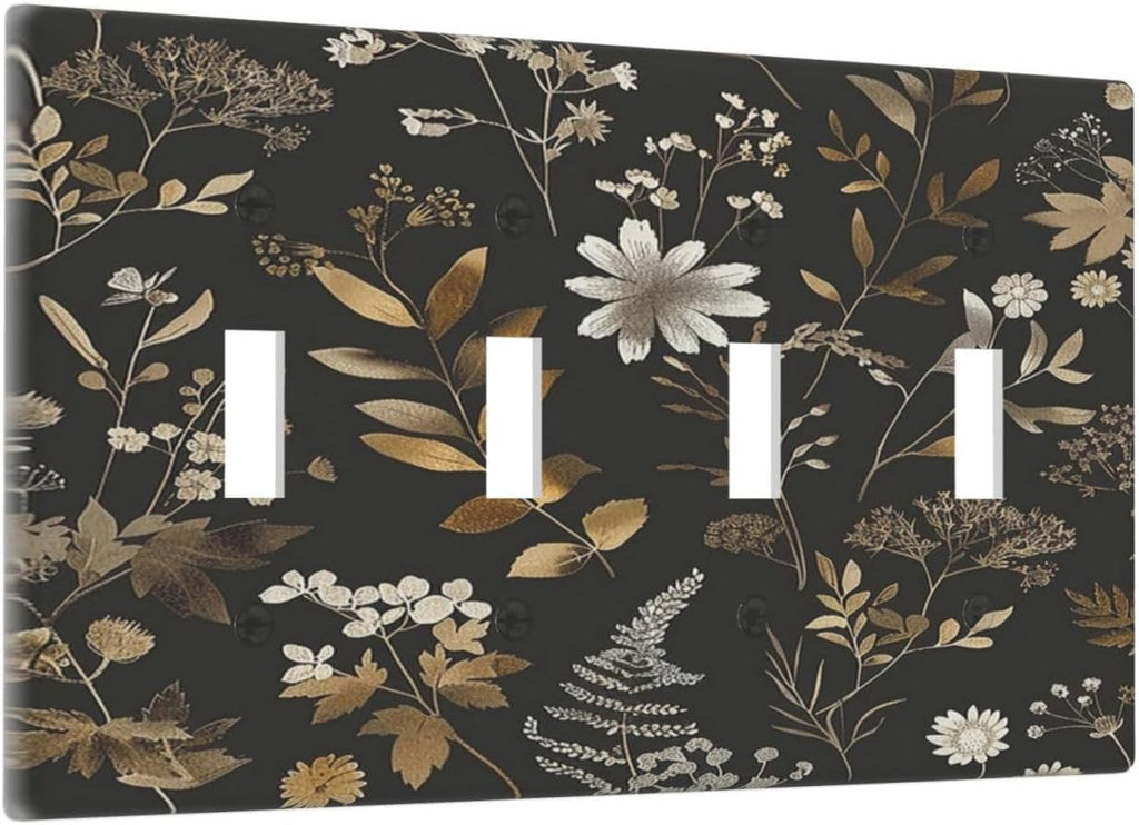 Light Switch Covers Black Gold Floral Dark Leaves Vintage Flowers Quad Toggle Electrical Faceplate 4 Gang Wall Plate Decorative Switch Plates for Bed Room Home Decor