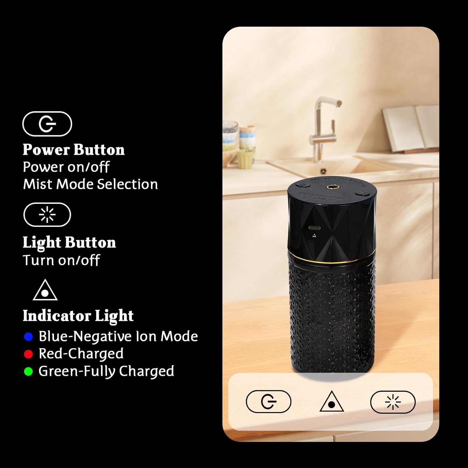Ikeda Wireless Essential Oil Diffuser, Mini Negative Ion Mist Humidifier with Night Light & Auto Shut-Off, 250mL Ebony Scent for Room, Home, Car&Office