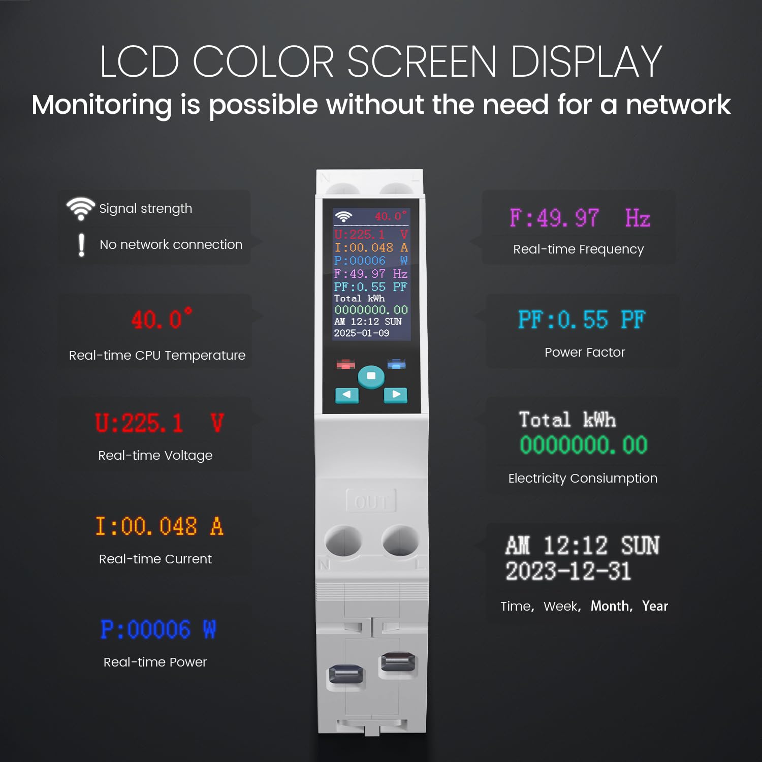 Smart Wifi Switch, 1P+N AC90-240V 1-50A, Smart Life/Tuya APP Remote Control, with Power Monitoring, Export/Clear Power Data, DIN Rail Mounted, with LCD Display, Recloser Function, FCC Certified