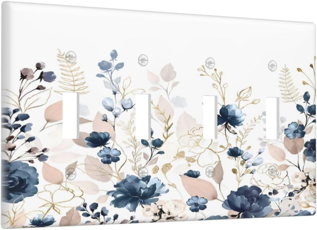 Blue Flora Boho Vintage Flower Golden Leaves Light Switch Covers Quad Toggle Electrical Faceplate 4 Gang Wall Plate Decorative Switch Plates Cover for Bedroom Living Room Decor