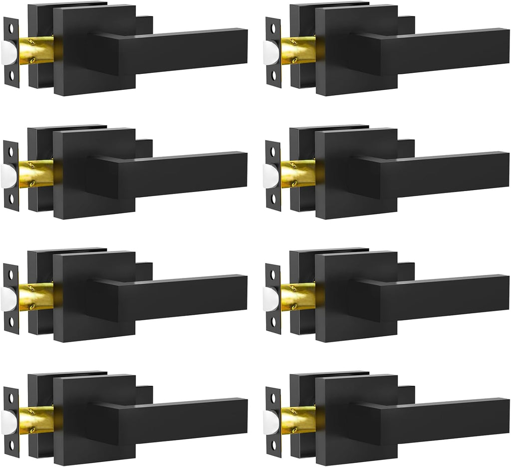 Passage Door Lever, 8 Pack Matte Black Interior Door Handles for Hallway and Closet, Heavy Duty Square Interior Keyless Door Handles Non-Locking Door Knobs for Right & Left Side Door